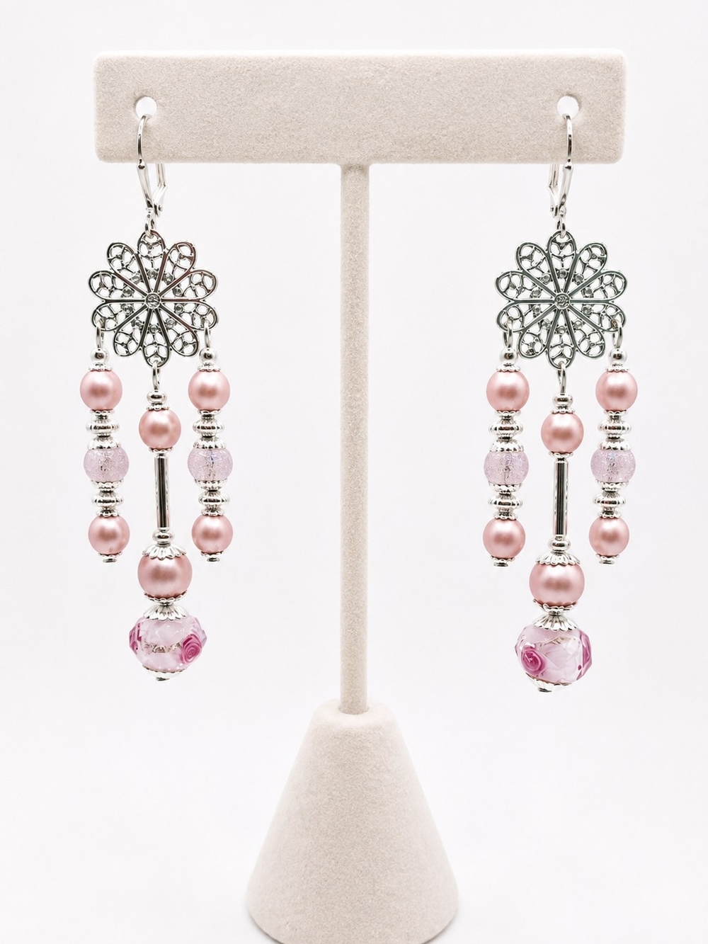 Handcrafted Pink Beaded Dangle Earrings - Floral Motif